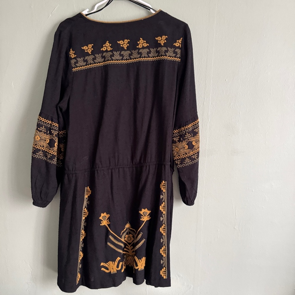 Free People Tunic Embroidered Dress Black Yelllow tribal long sleeve boho large - Picture 3 of 10